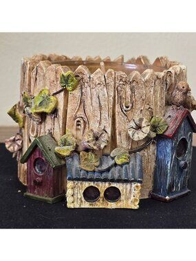 Birdhouse Themed Votive Candle Holder & Insert Rustic Tree Log Homespun Country